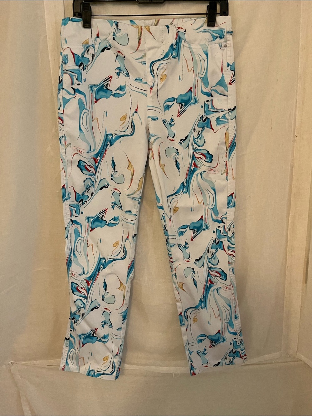 Joseph Ribkoff White Marble-Print Pants with Blue & Gold Swirls